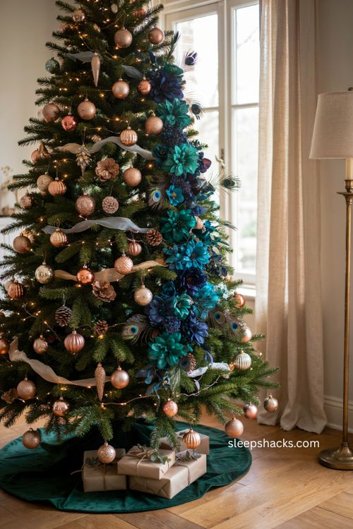 Mixed metallic peacock Christmas tree with champagne gold silver ornaments and glittered pinecones 