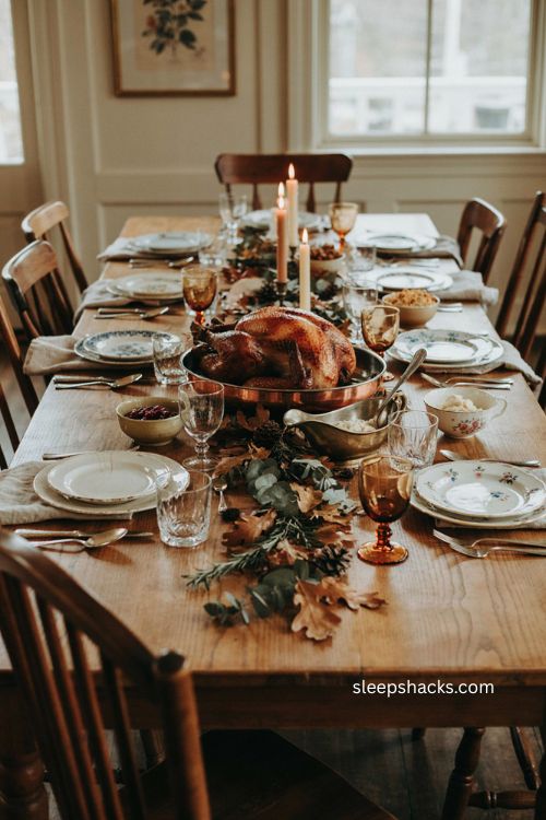 Mixed metals and mismatched ceramics for Thanksgiving table decor 