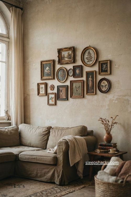 Mixed vintage picture frames with artwork on a cozy living room wall 