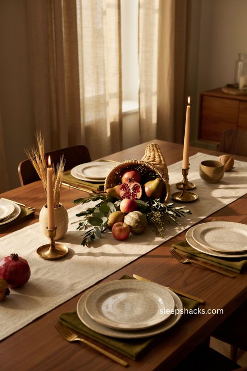 Modern Thanksgiving cornucopia centerpiece with seasonal fruit and greenery 