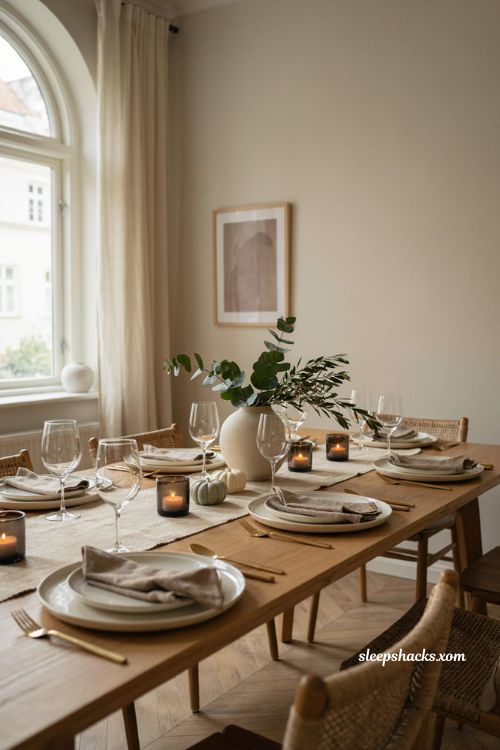 Modern Thanksgiving table settings with neutral dinnerware linen and natural textures