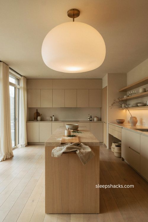 Modern beige kitchen with oversized globe chandelier open wood shelves and soft lighting 