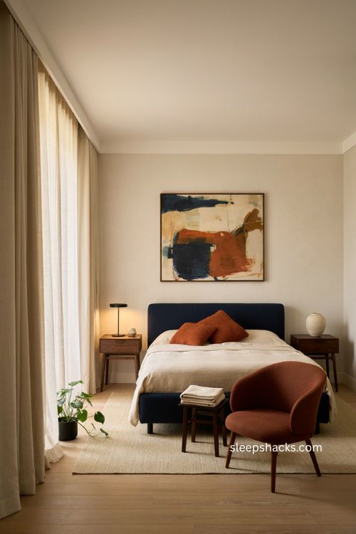 Modern blue and burnt orange bedroom with bold simple decor 