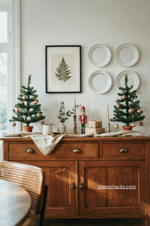 Modern christmas buffet with two tabletop trees white green and gold decor 