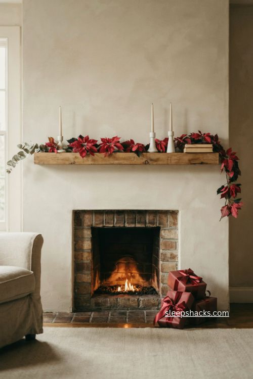 Modern christmas decor with deep red poinsettia mantel garland and neutral living room