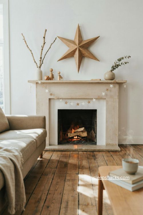 Modern christmas decor with minimalist star motif fireplace mantel and natural wood accents 