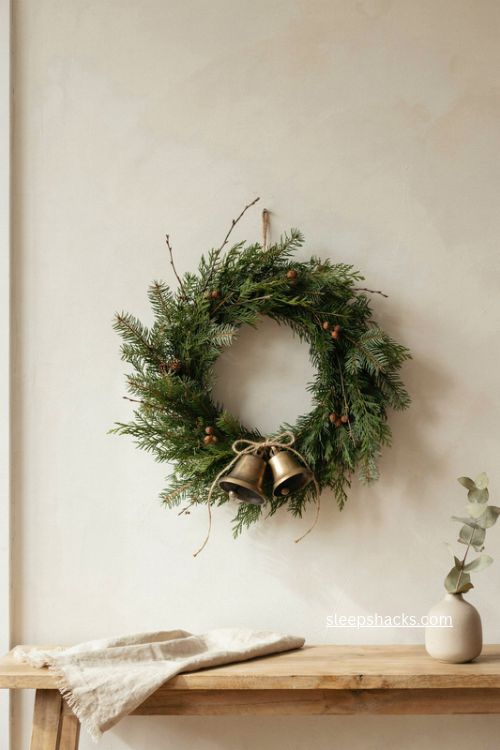Modern christmas entryway with antique brass bells and evergreen wreath 