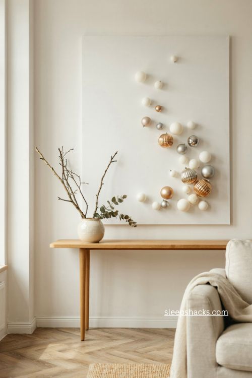 Modern christmas ornament wall art with gold silver and white ornaments on canvas 