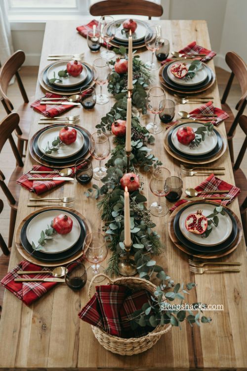 Modern christmas table setting with matte black dishes eucalyptus red tartan and gold flatware 