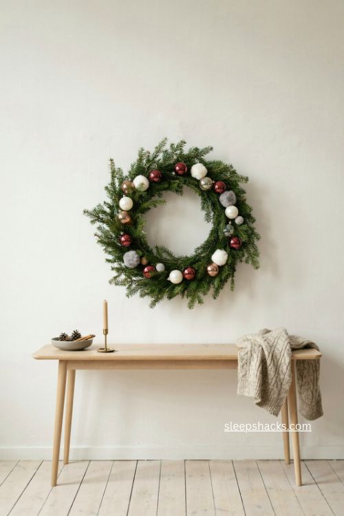 Modern christmas wreath with red white and gray ornaments and soft pompoms 