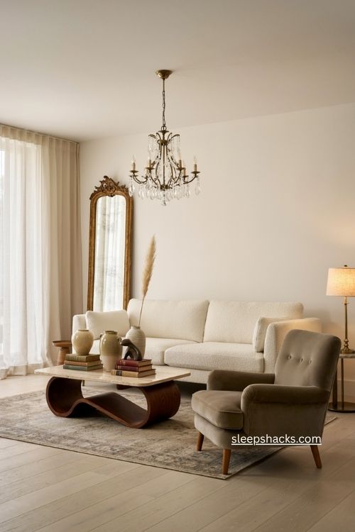 Modern classic glam living room with crystal chandelier antique mirror and collected decor 