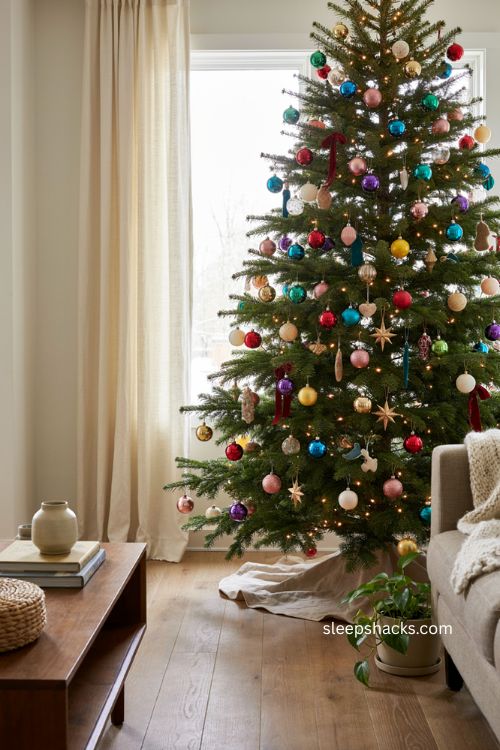 Modern colorful Christmas tree with bold ornaments and eclectic festive decor