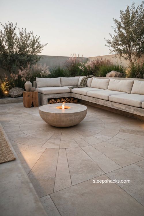 Modern concrete fire bowl ideas with built in bench and minimalist patio 