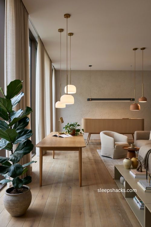 Modern corporate office lighting with warm pendant fixtures and cozy workspace decor