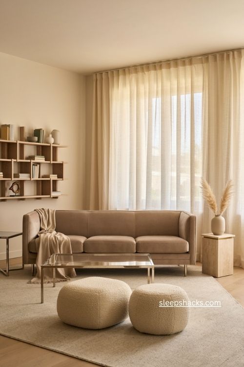 Modern glam living room with geometric furniture clean lines velvet sofa and rounded poufs 