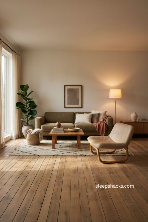 Modern living room decor with warm textures midcentury furniture and natural accents 