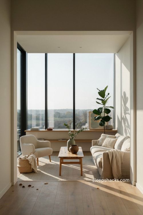 Modern living room with bare windows natural light and open scenic views 
