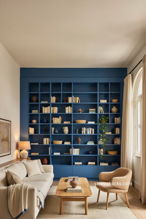 Modern living room with color blocked blue bookshelves and curated decor 