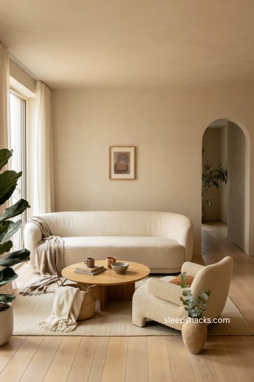 Modern living room with curved sofa round coffee table and soft neutral decor 