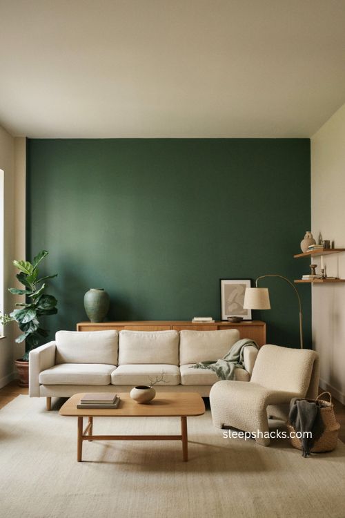 Modern living room with deep green accent wall and neutral furniture 