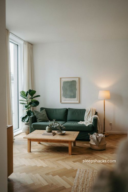 Modern living room with deep green sofa and neutral decor accents 