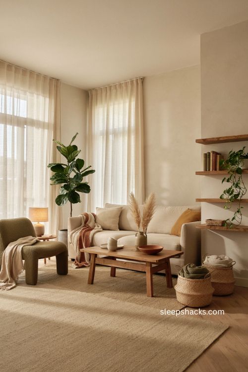 Modern living room with earthy beige olive mustard tones and natural textures 