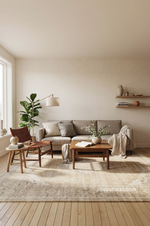 Modern living room with large neutral area rug and eclectic furniture 