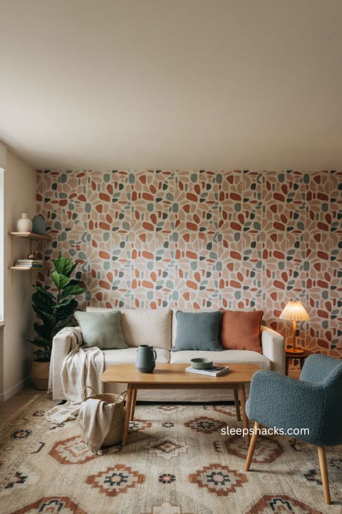 Modern living room with layered patterned wallpaper and coordinating rug 