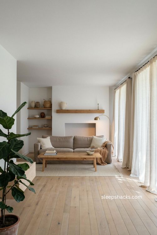 Modern living room with natural wood accents white walls and warm neutral decor 