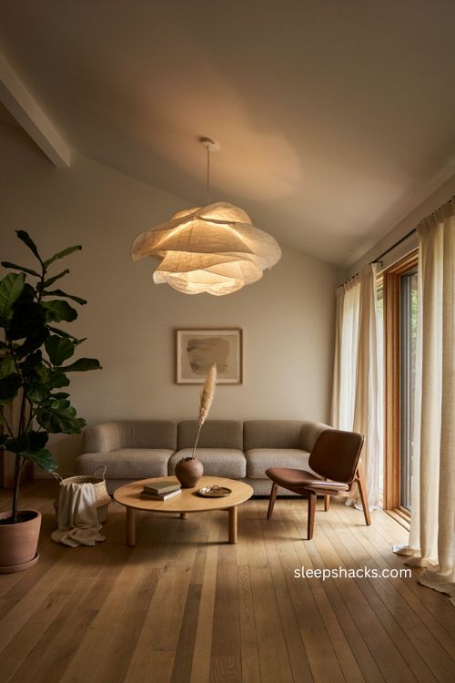 Modern living room with oversized organic chandelier and high ceiling 