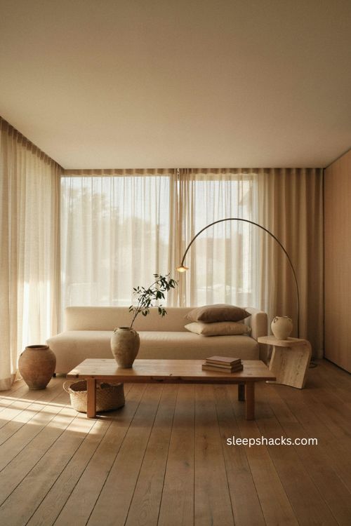 Modern living room with sculptural decor organic vase and abstract floor lamp 