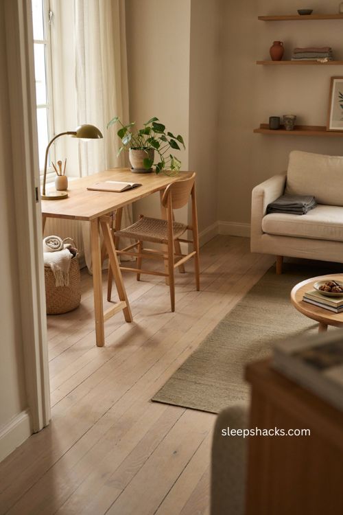 Modern living room with small home workstation by a bright window 