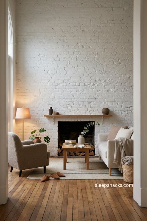 Modern living room with white painted brick fireplace and cozy natural decor 