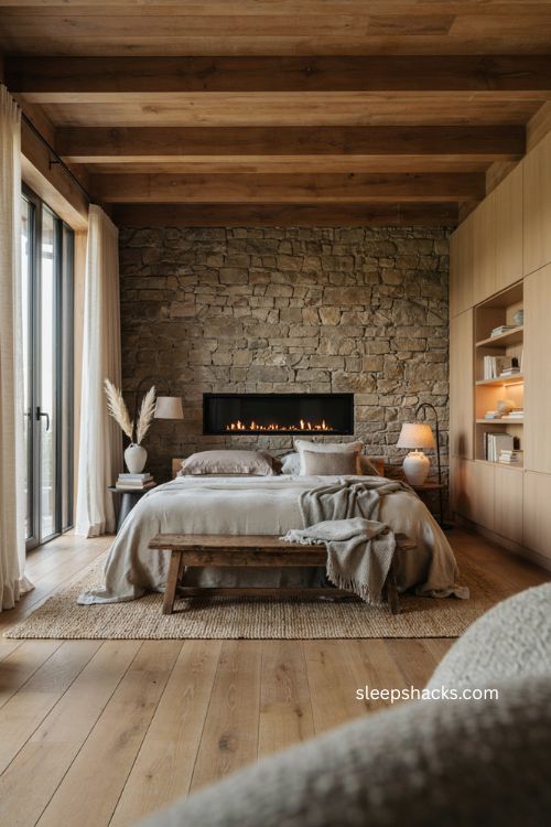 Modern rustic neutral bedroom with wood beams stone fireplace and cozy natural textures 