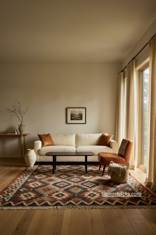 Modern western living room with cream boucle sofa leather chair and southwestern rug