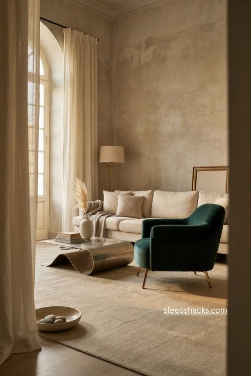Monochromatic glam living room with emerald velvet statement chair and metallic coffee table 