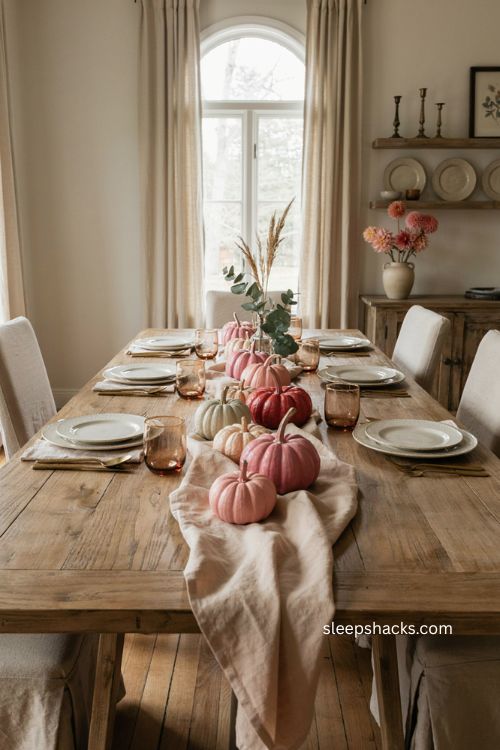 Monochromatic painted pumpkins in magenta red and blush pink for an elegant halloween table 