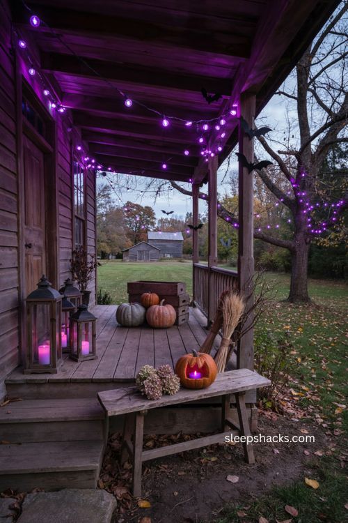 Monochromatic purple lighting for an elegant spooky backyard Halloween party 