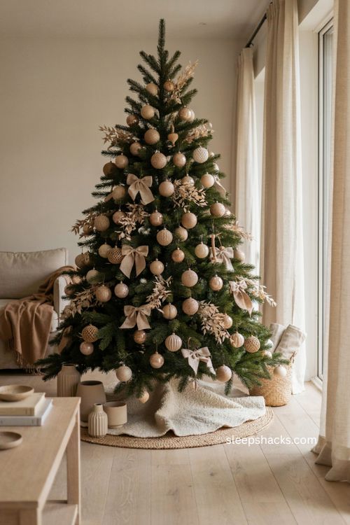Monochrome beige Christmas tree with layered neutral ornaments and designer holiday decor