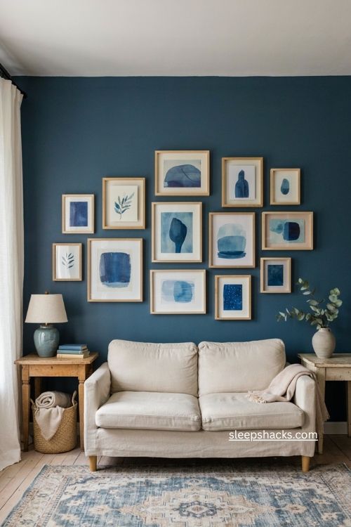 Monochrome blue gallery wall living room with pale wood frames and cozy sofa 