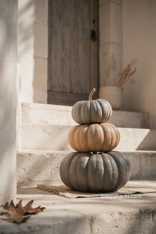 Monochrome pumpkin trio on porch steps for minimalist Halloween decor