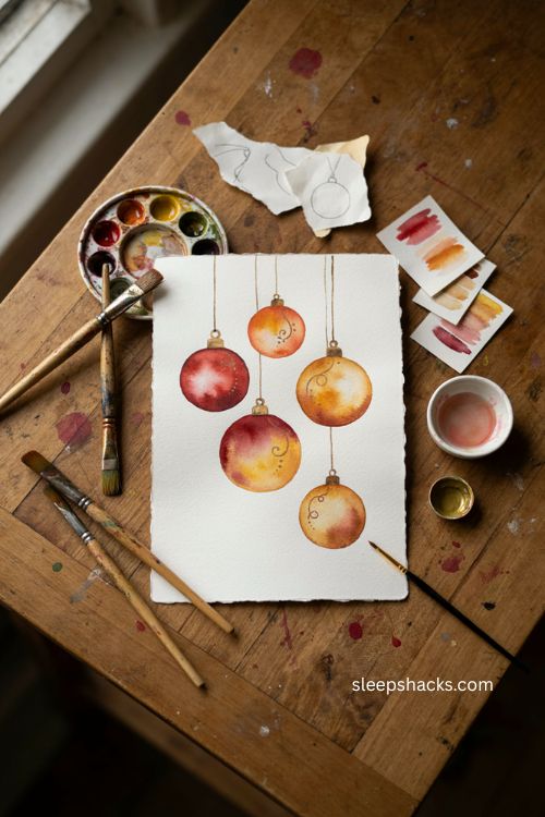 Monochrome watercolor Christmas ornament card with gold detail 