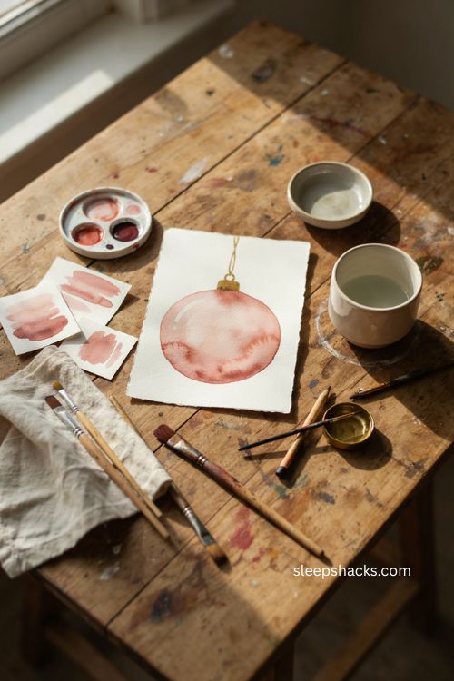 Monochrome watercolor Christmas ornament card with gold detail 