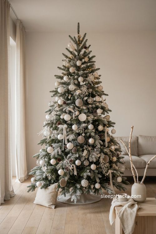 Monochrome white frosted Christmas tree with elegant minimalist holiday decor