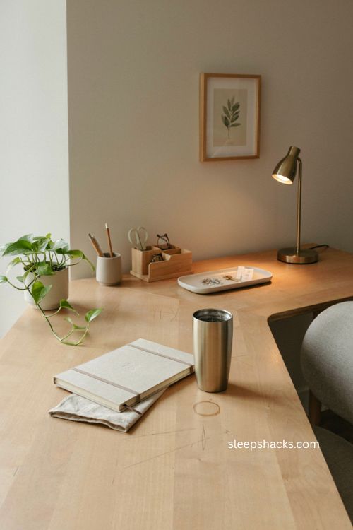 Monogrammed office desk accessories with neutral notebook tumbler and personalized workspace decor 