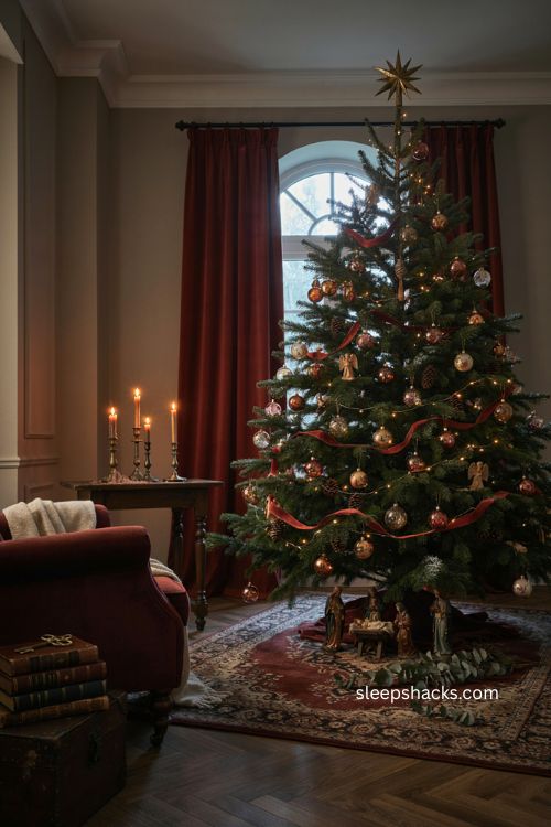 Moody Christmas tree ideas with deep green and burgundy decor