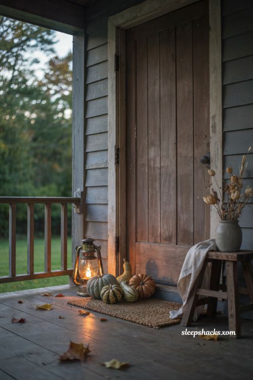 Moody Thanksgiving front porch decor ideas with glowing lanterns and heirloom gourds
