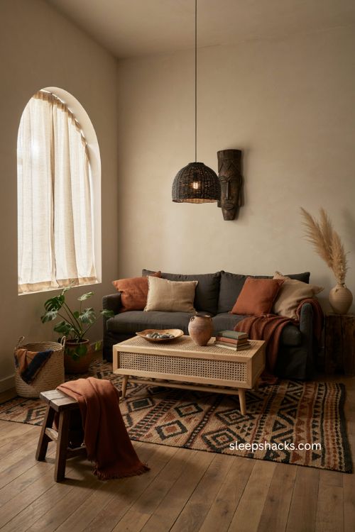 Moody afro boho living room with charcoal sofa clay tones and woven accents