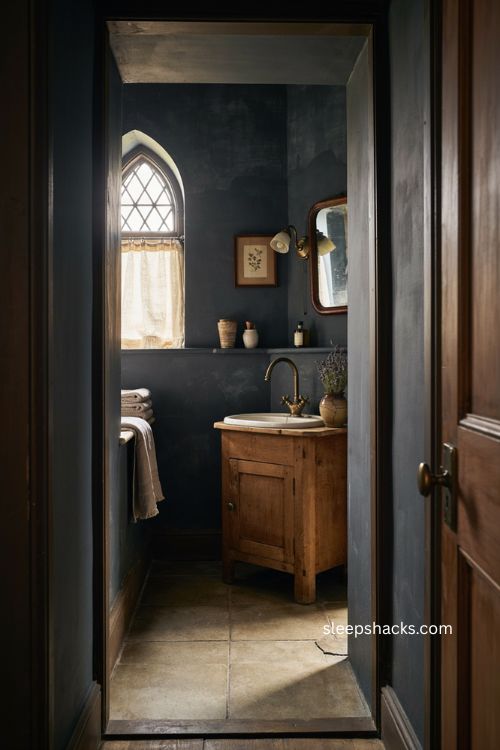 Moody bathroom with deep charcoal walls vintage vanity aged brass and cozy intimate atmosphere 