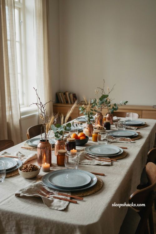 Moody copper and grey Thanksgiving table with heather blue plates and apple butter jars
